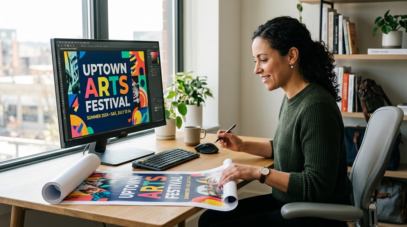 Graphic designer reviewing a vinyl banner proof on a monitor next to the printed banner sample