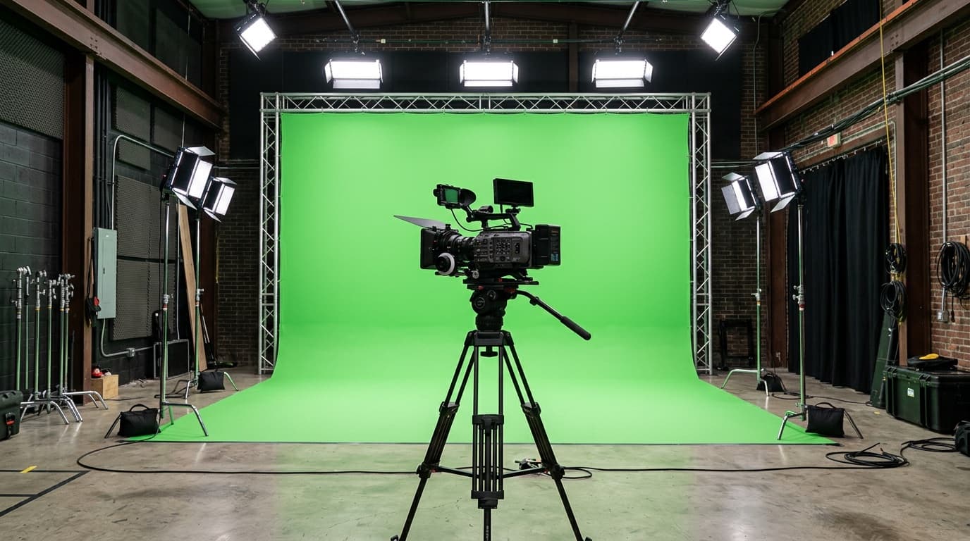 Smooth wrinkle-free printed green screen chromakey fabric backdrop set up in a San Antonio video production studio