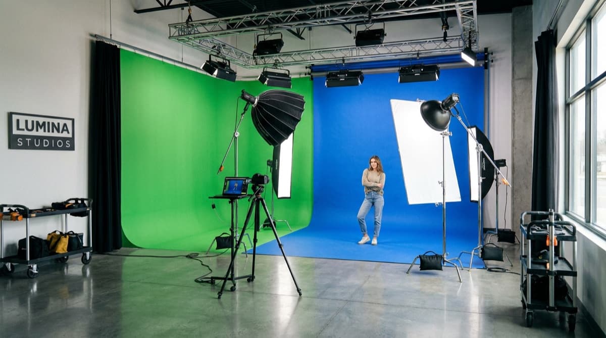 A green chroma backdrop and a blue chroma backdrop set up side by side in the same studio, each lit by its own softbox, with a presenter standing in front of the blue one