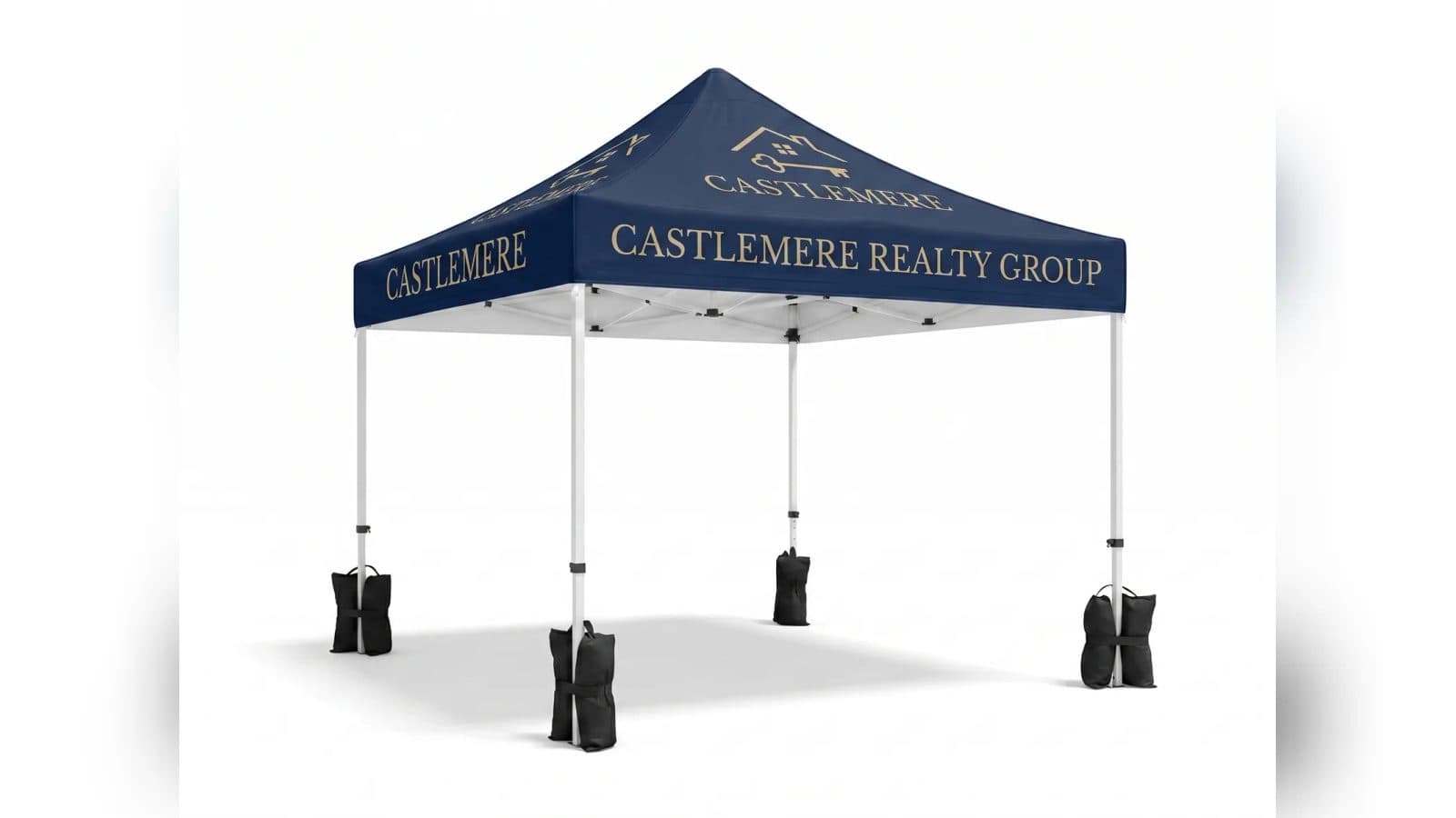 A navy custom canopy tent on a white background with a black sandbag strapped at the foot of each leg