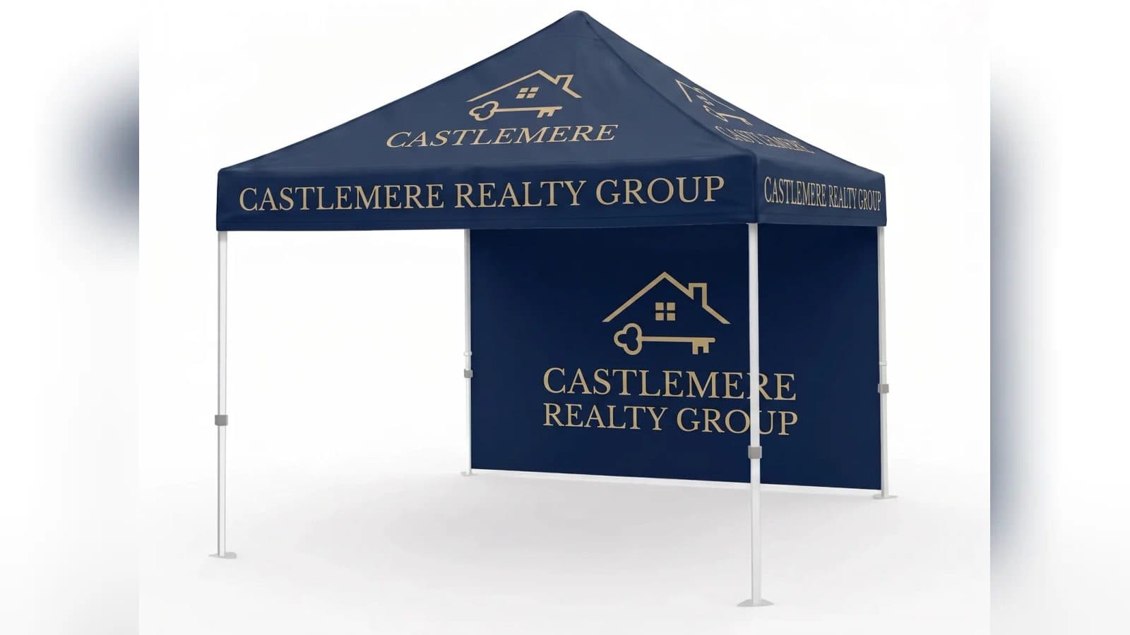 A navy custom canopy with one full printed wall and no weights on the feet, shown on a white background