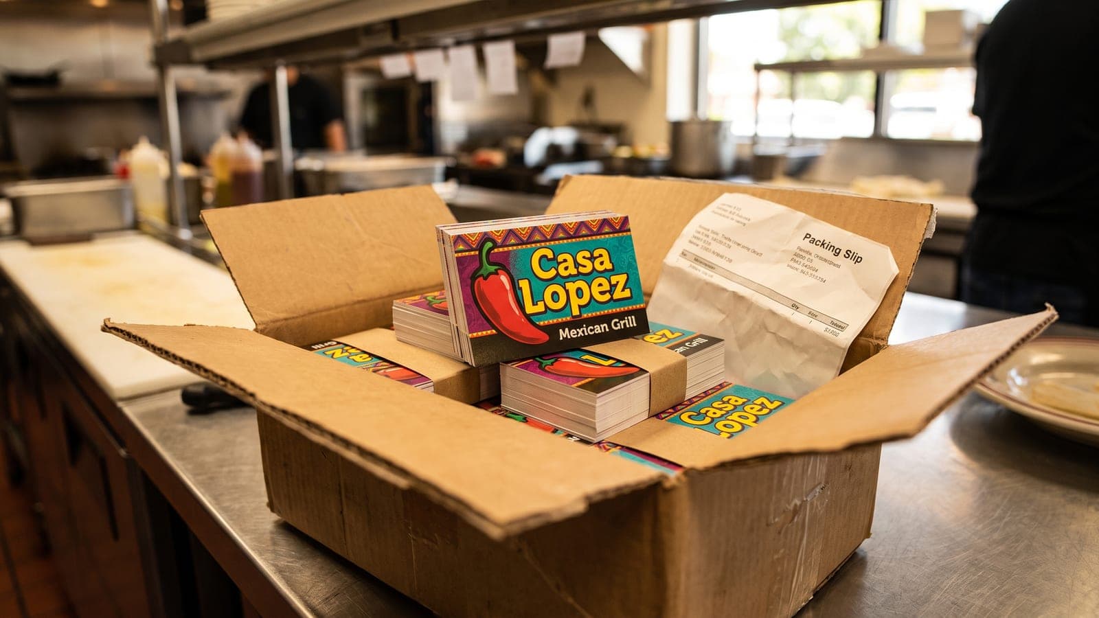Opened shipping box holding banded stacks of full color printed business cards for a fictional Mexican grill, with one card propped upright on top and the packing slip tucked in the lid