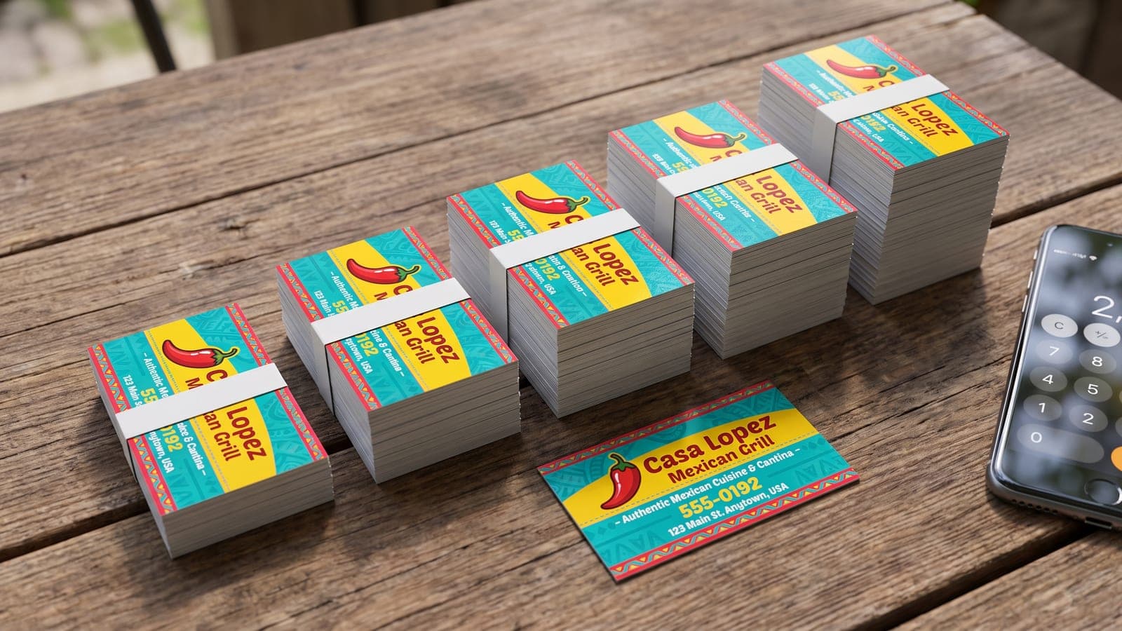 Five banded stacks of full color gloss business cards for a fictional Mexican grill lined up from a small pack to a large one on a weathered wood table, with a single card lying in front