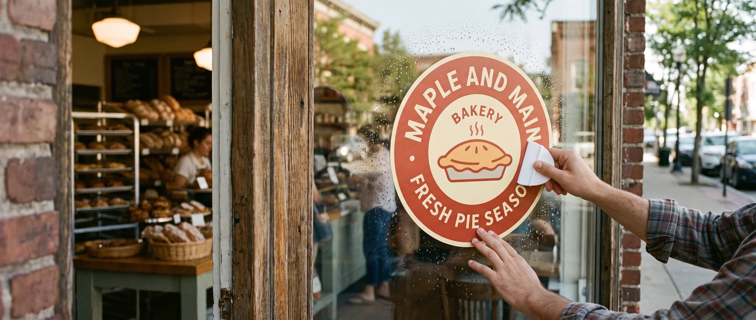 Hands smoothing a round bakery pie season window cling onto a shop window with a small squeegee