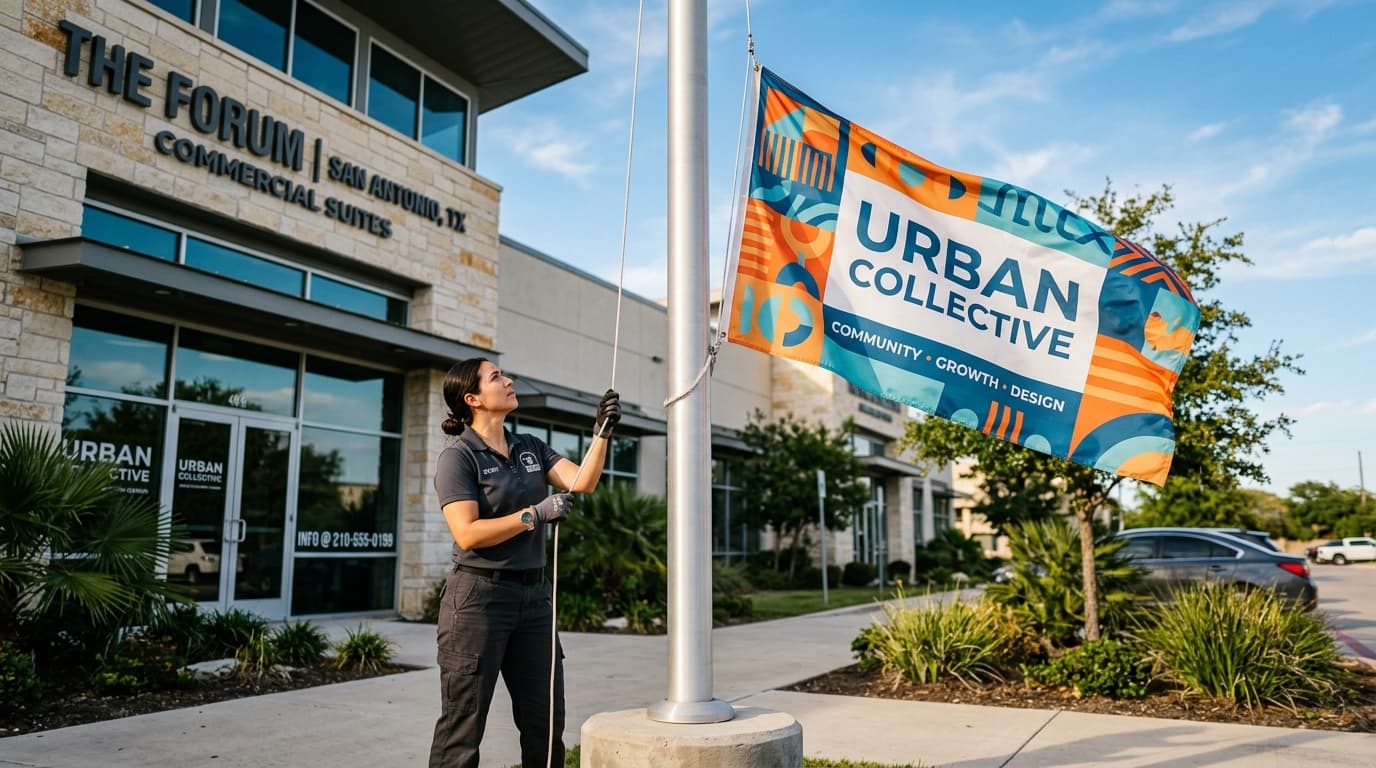 Person sliding a custom-printed flag up a tall flagpole outside a San Antonio business at golden hour