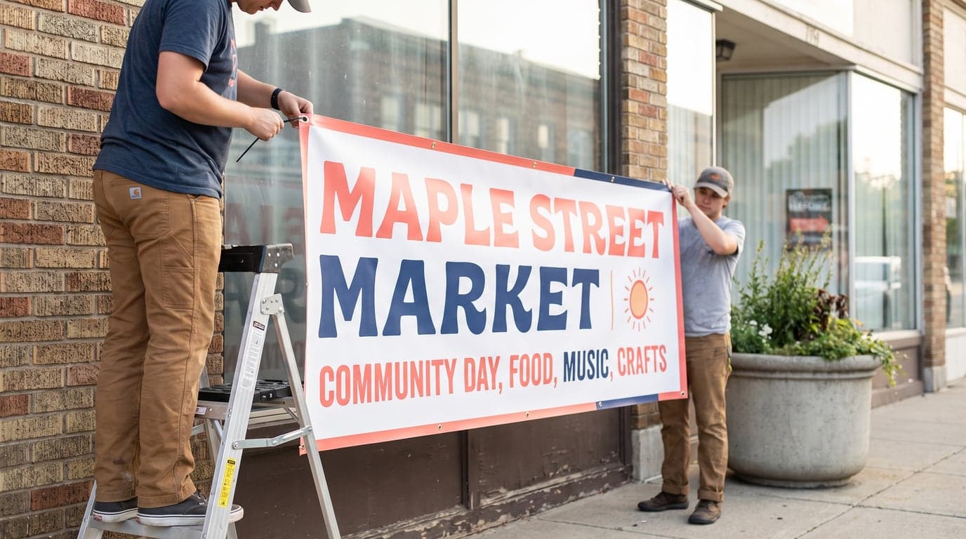 Two people hanging a grommeted vinyl banner for a community market on a brick storefront wall, one on a step ladder