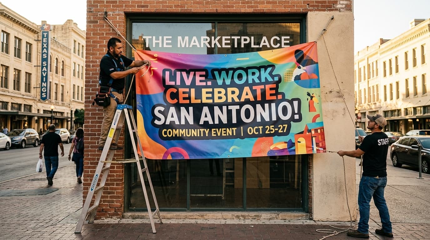 Two installers hanging a printed vinyl banner across a San Antonio storefront using ropes and grommets