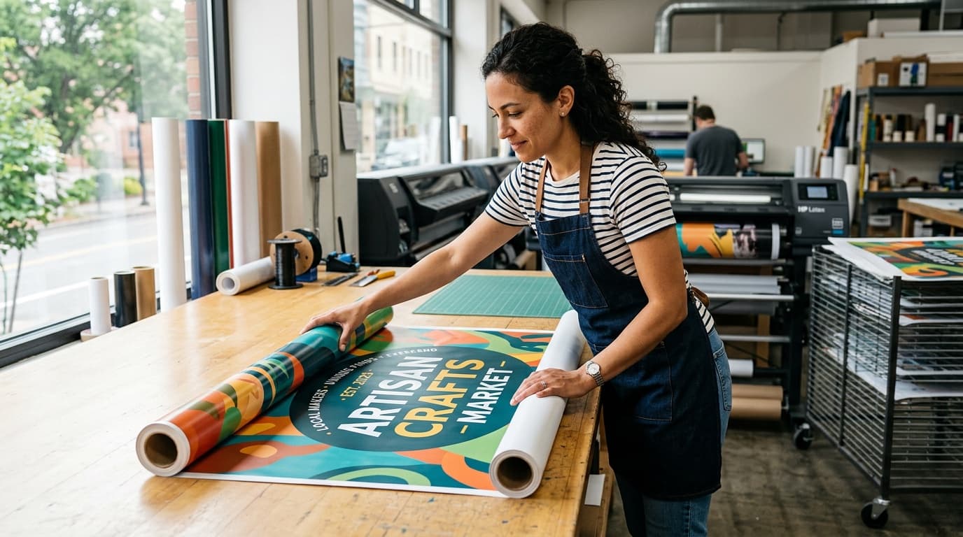 San Antonio business owner unrolling a freshly printed full-color vinyl banner on a worktable