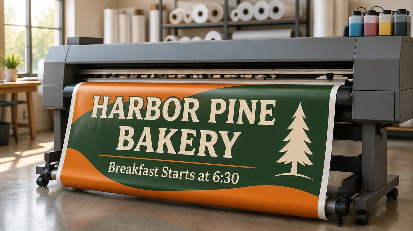 A wide format printer with no brand marks printing a full color banner for a business in a print shop