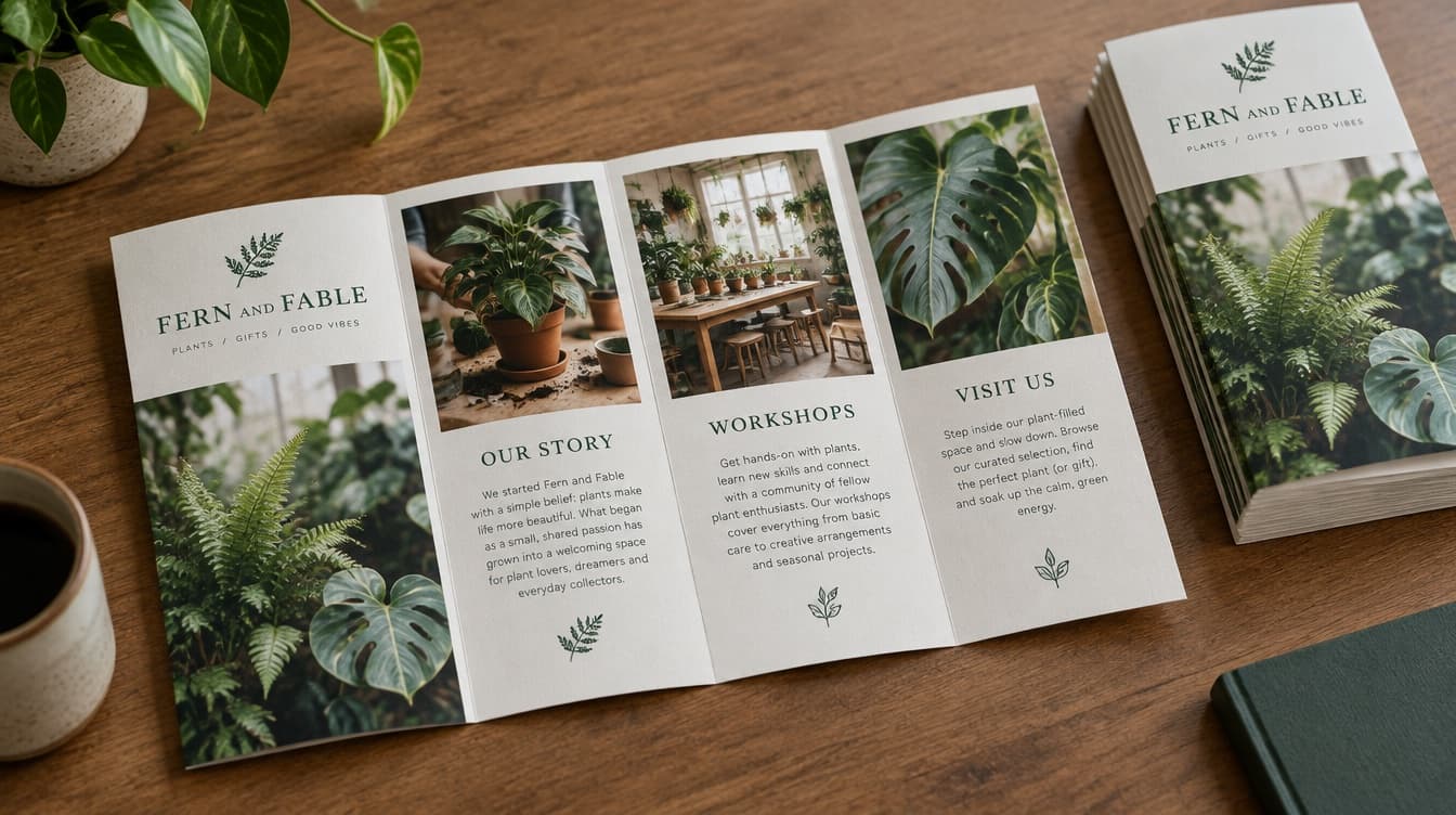 An open trifold brochure for a plant shop beside a stack of copies on a wooden desk