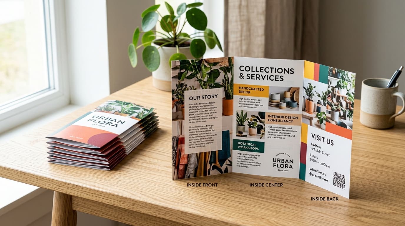 Stack of professionally printed tri-fold brochures with full-color inside spread on a clean desk