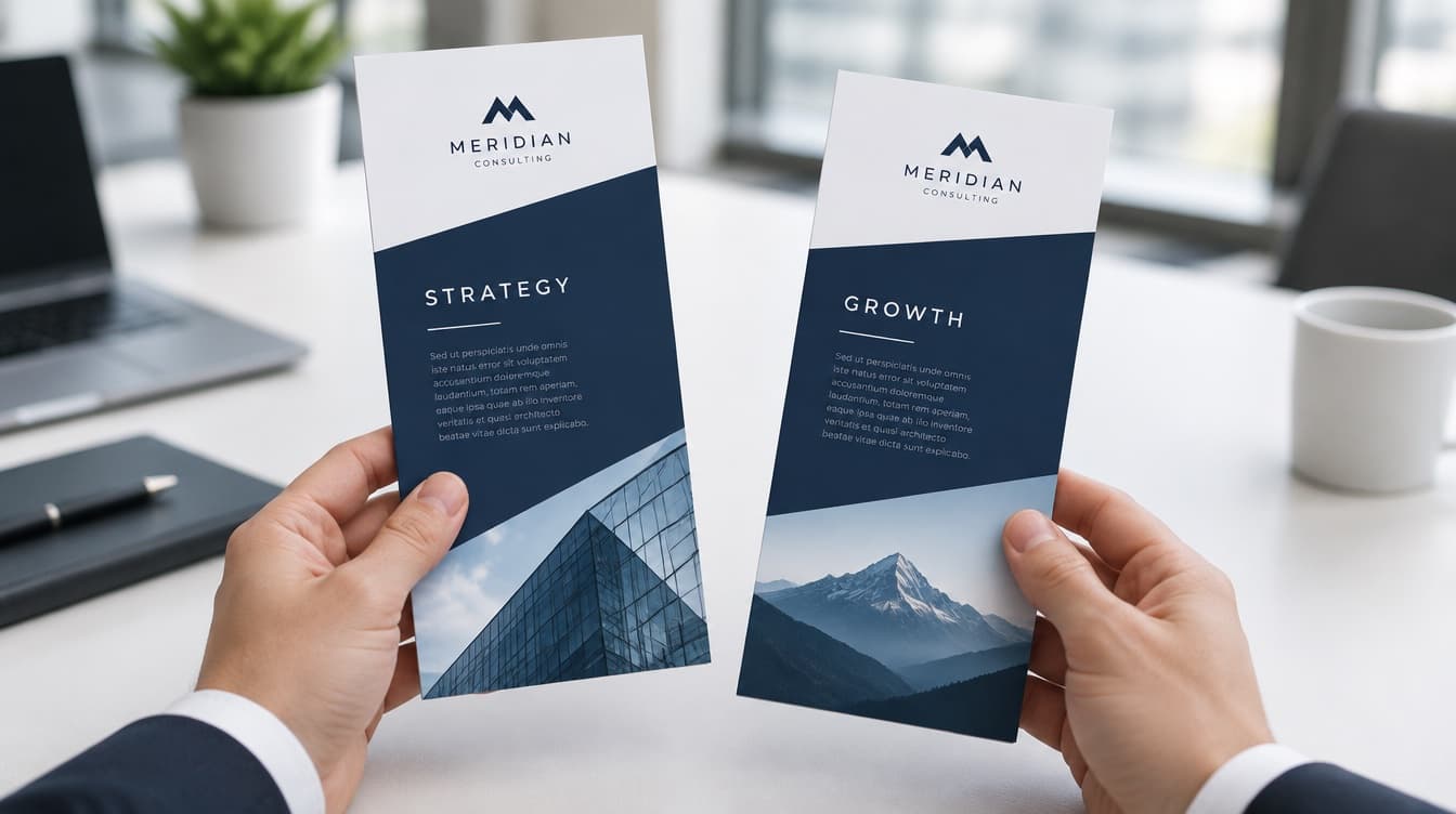 Hands holding two navy and white rack card brochures for a consulting firm over an office desk