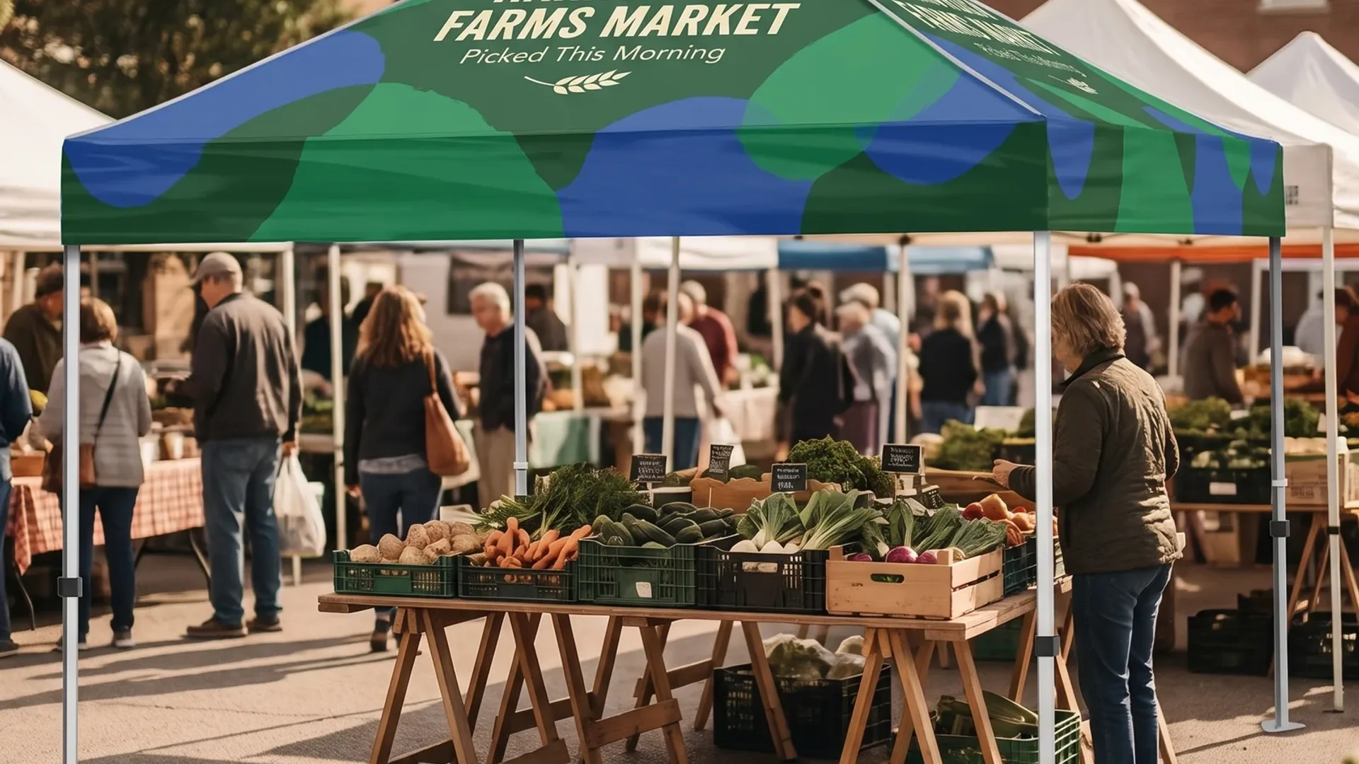 A green and blue custom 10 by 10 canopy tent over a produce stand at an outdoor market