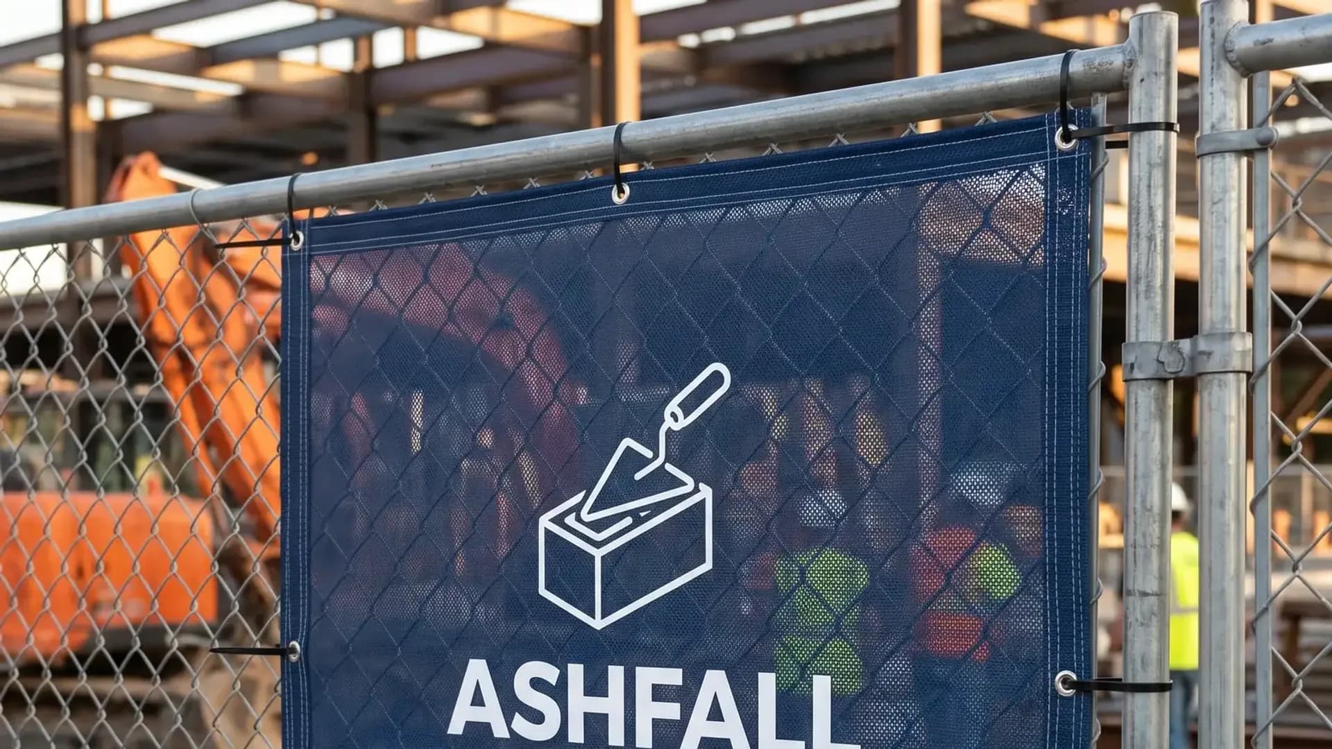 A navy mesh banner zip-tied to a chain link fence at a construction site