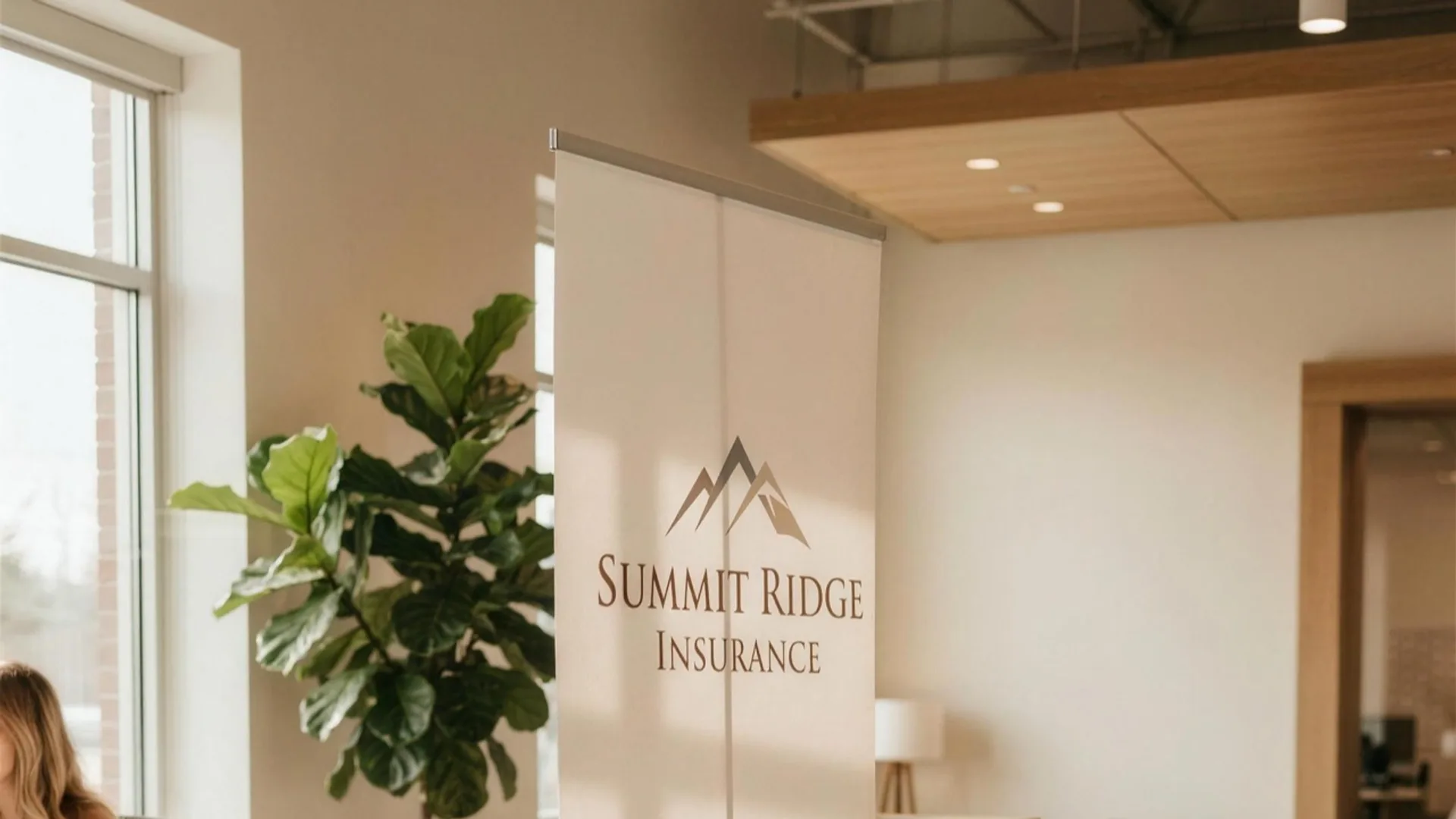 A tall retractable banner stand displayed in a bright office lobby