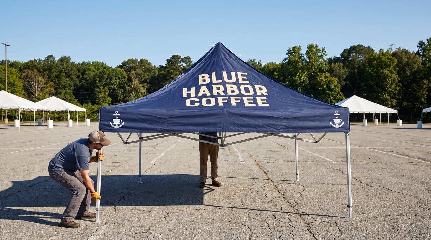 Two people raising a 10 x 10 pop up canopy with a printed top for a coffee company in an open parking lot
