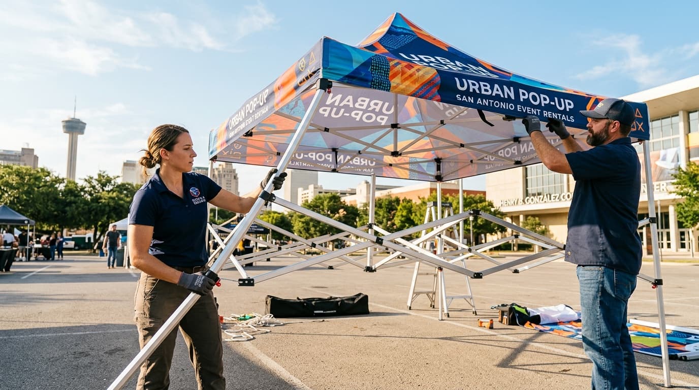 Two installers assembling a 10x10 custom-printed canopy tent on a sunny San Antonio afternoon