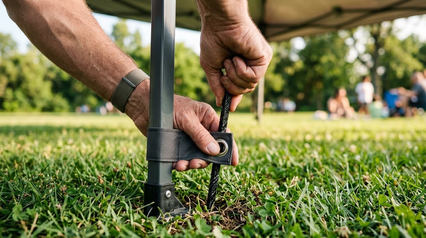 Close view of hands tying a canopy rope at a tent leg, with a stake in the grass beside the foot