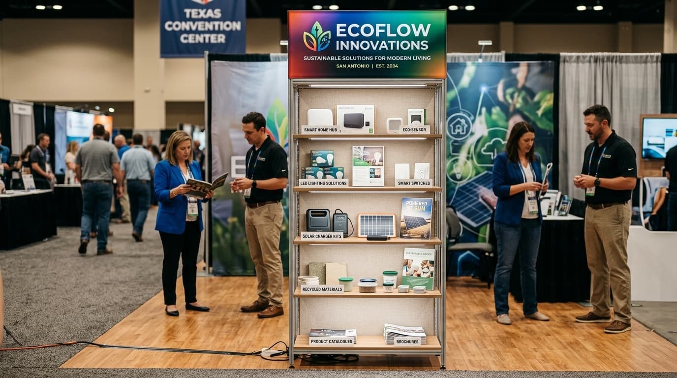 Portable display shelf set up at a San Antonio trade show with printed branded header and product samples