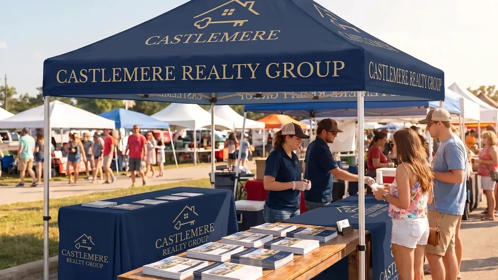 A navy custom 10 x 10 canopy for a realty group at a busy outdoor market, with staff at a table of brochures