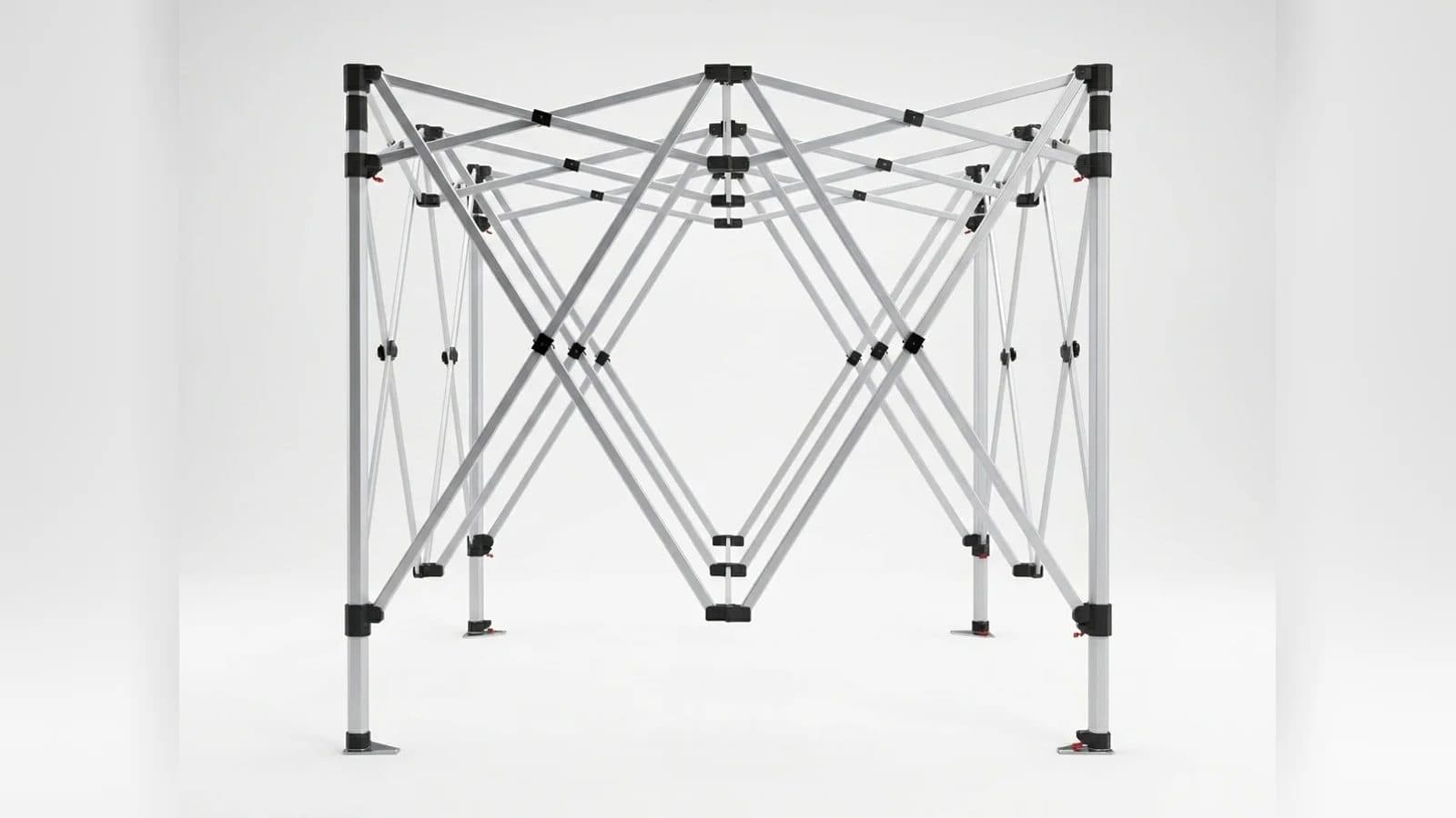 A bare silver pop-up canopy frame with black joints, standing open on a white background
