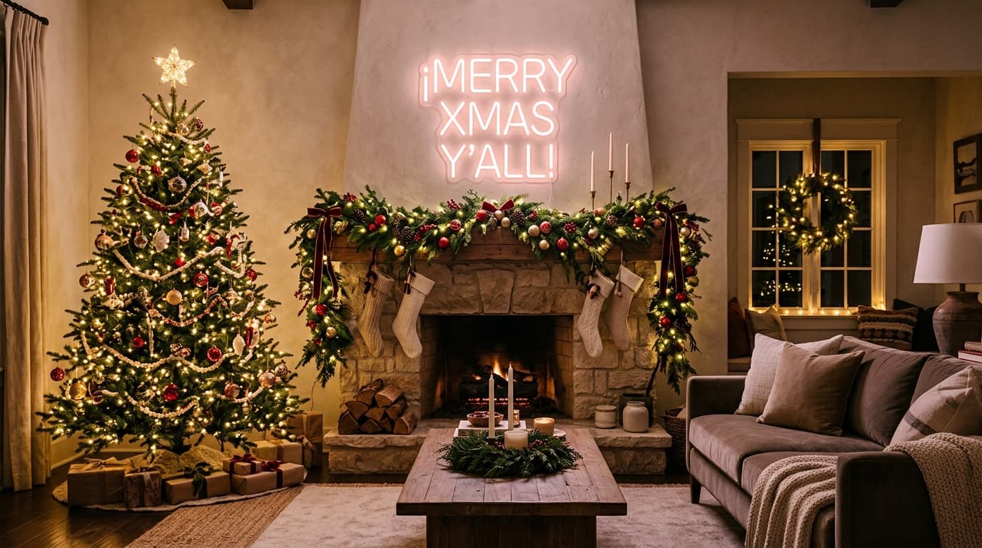 San Antonio boutique interior blending traditional Christmas decor with a modern pastel LED neon sign