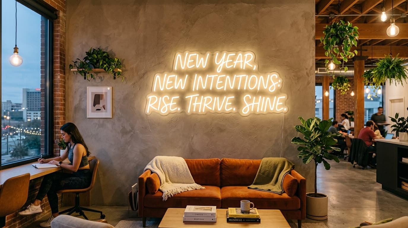 Glowing LED neon motivational New Year quote sign mounted on a wall in a modern San Antonio interior