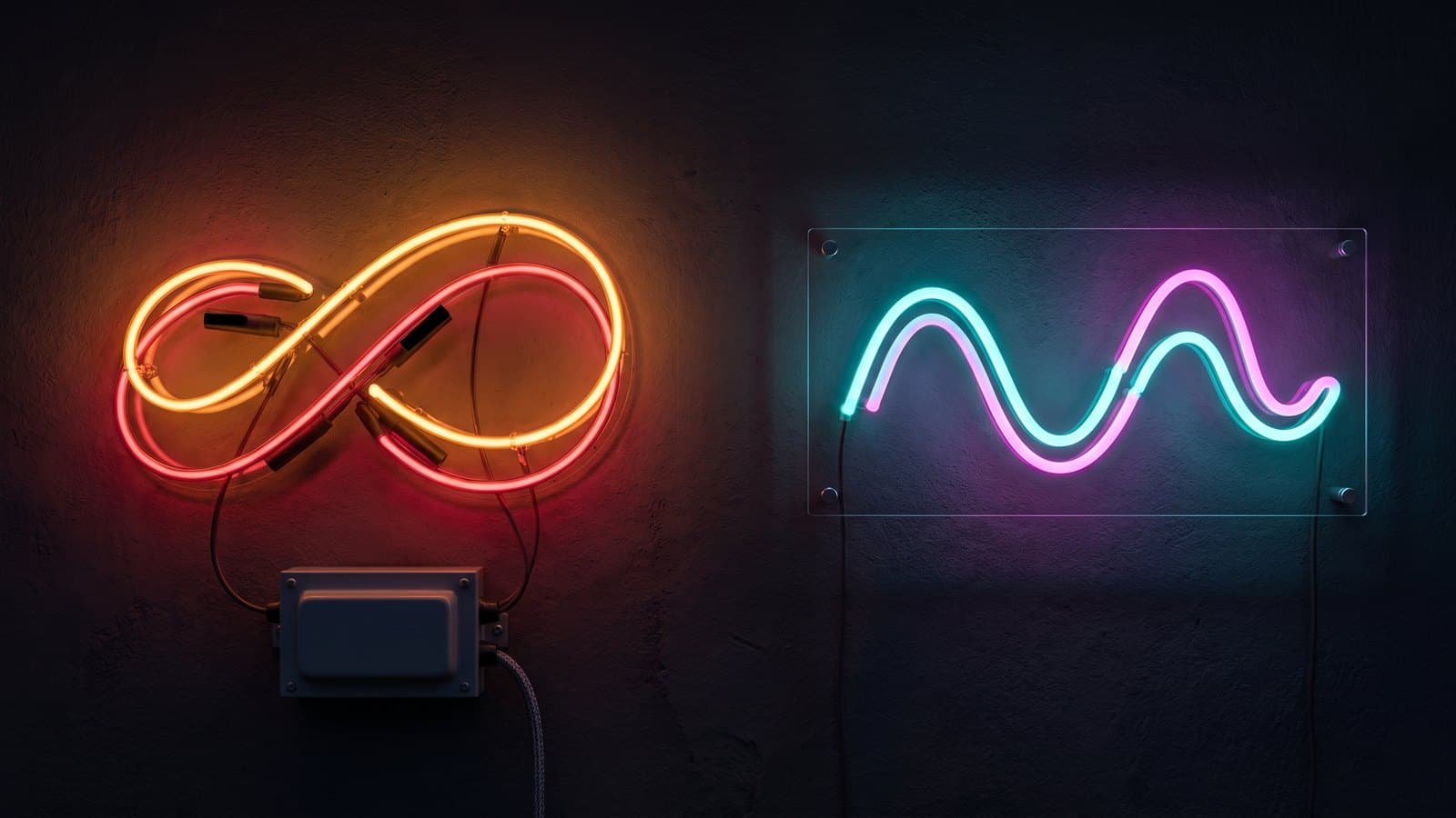 A hand bent glass neon sign glowing beside an LED neon-style sign on the same dark wall, the glass tubes showing their electrodes and the LED tube showing an even silicone surface