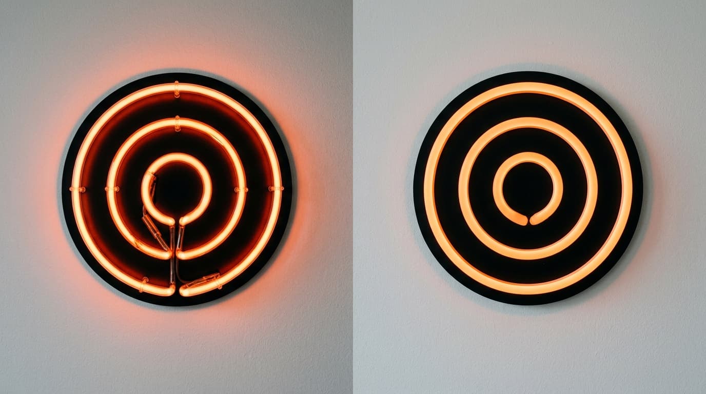 Side-by-side comparison of a traditional glass-tube neon sign and a modern LED neon-style sign mounted on a wall