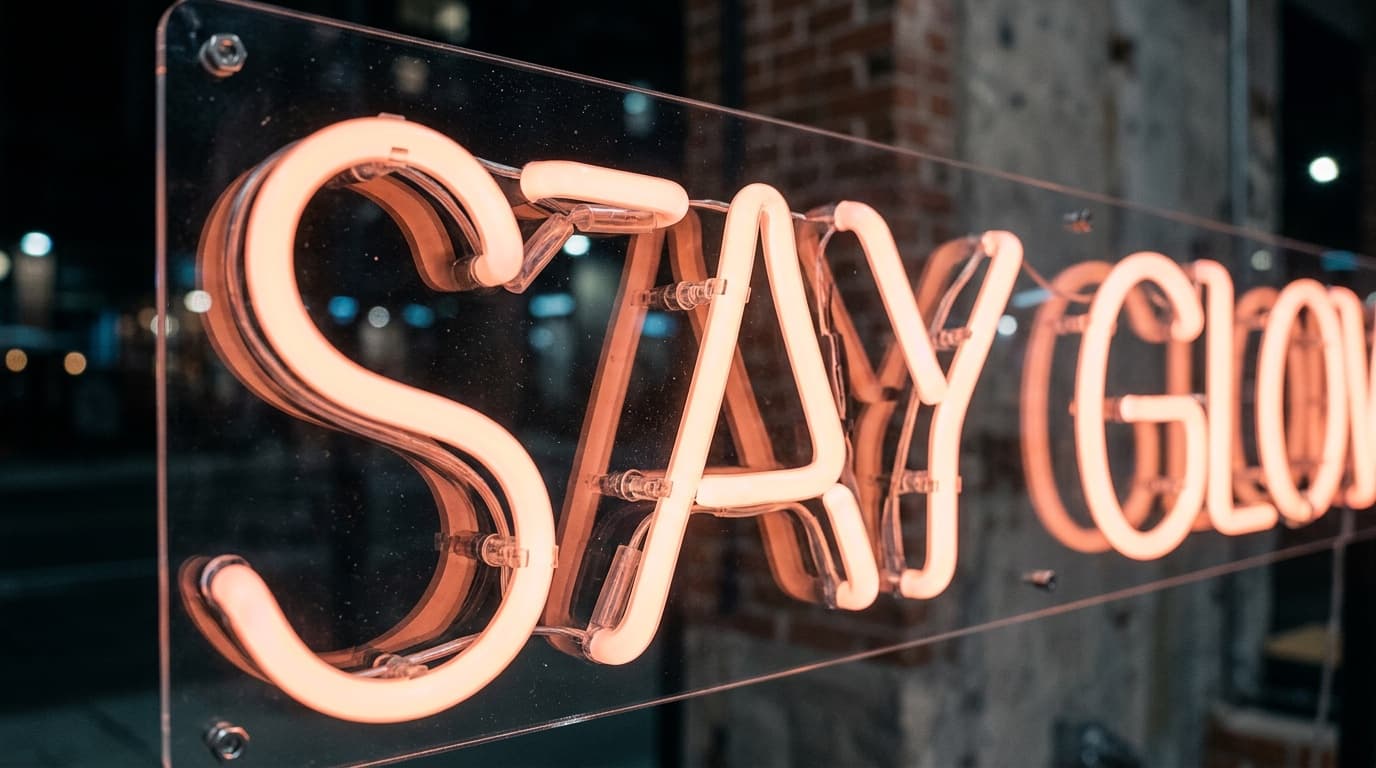 Close-up of a glowing warm orange neon script sign mounted on a clear acrylic panel, the glass tube electrodes and mounting hardware visible behind the letters