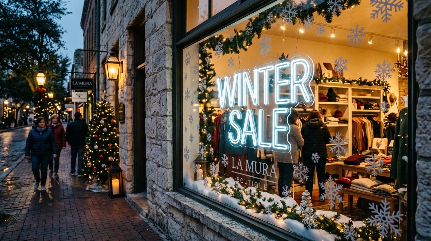 Cool blue LED neon winter sale sign glowing in a San Antonio boutique window with snowflake decals