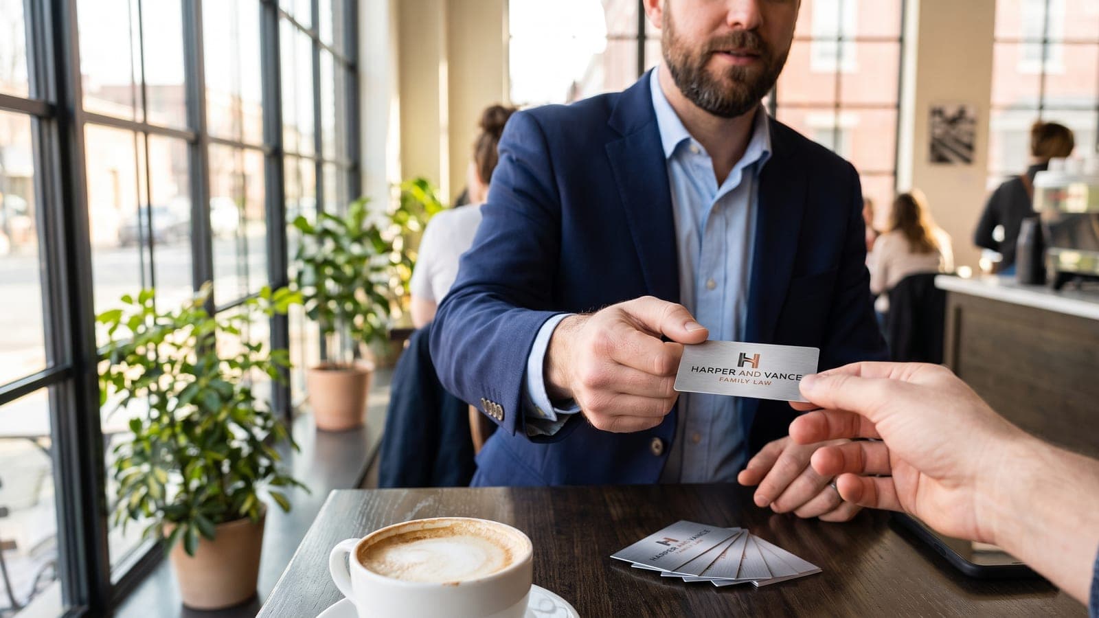 A man in a blazer handing a brushed aluminum Harper and Vance Family Law business card across a cafe table, with a fanned stack of matching cards beside his coffee