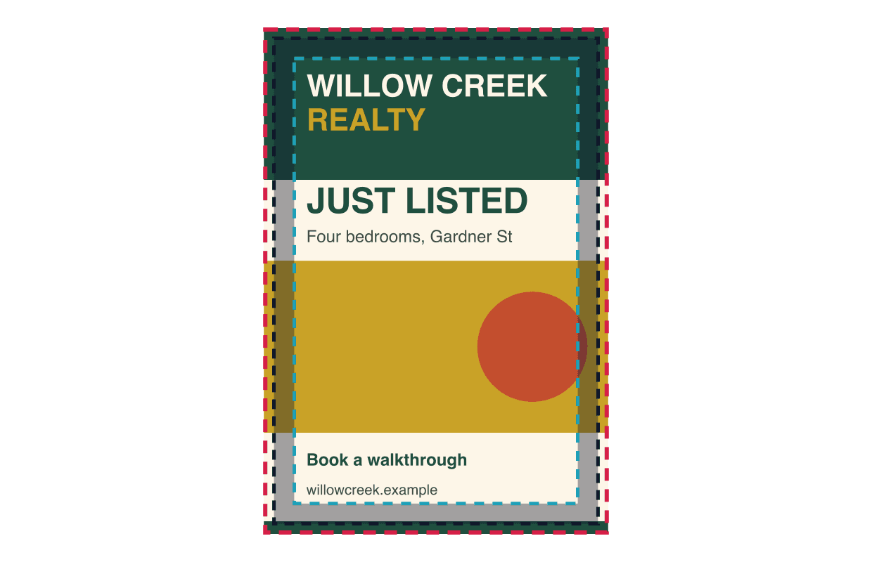 A sample full color 4 x 6 inch postcard design for the fictional Willow Creek Realty with a dashed red bleed line, a dashed slate trim line and a dashed cyan safe zone drawn over it