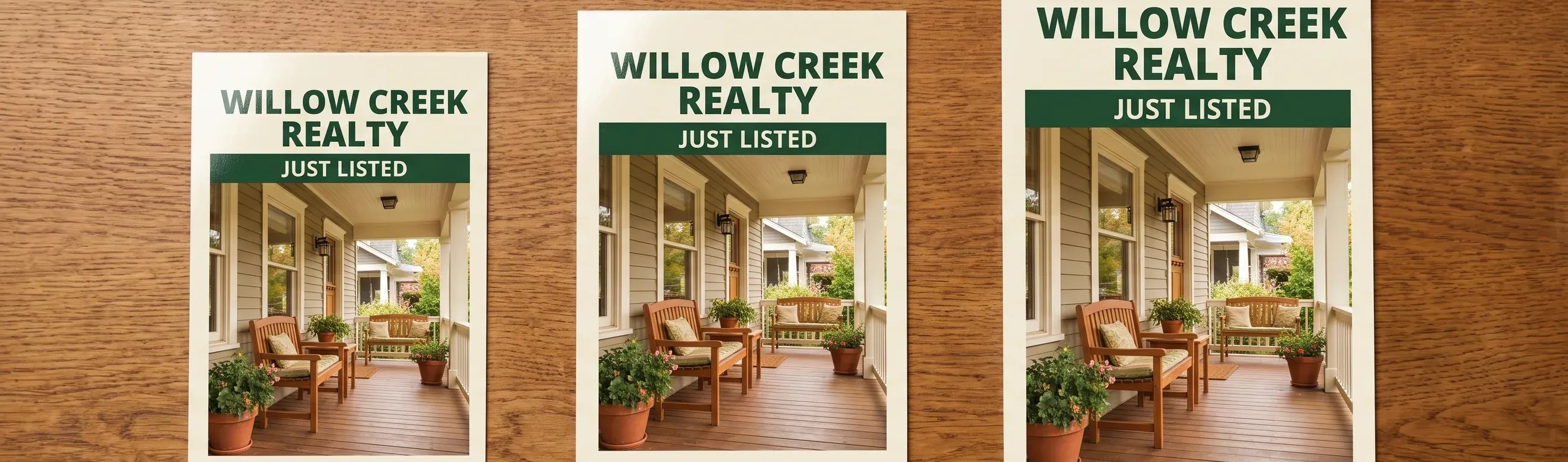 Overhead view of three full color Willow Creek Realty just listed postcards on 16pt gloss cardstock laid in a row on a warm oak desk at 4 x 6, 5 x 7 and 6 x 9 inches