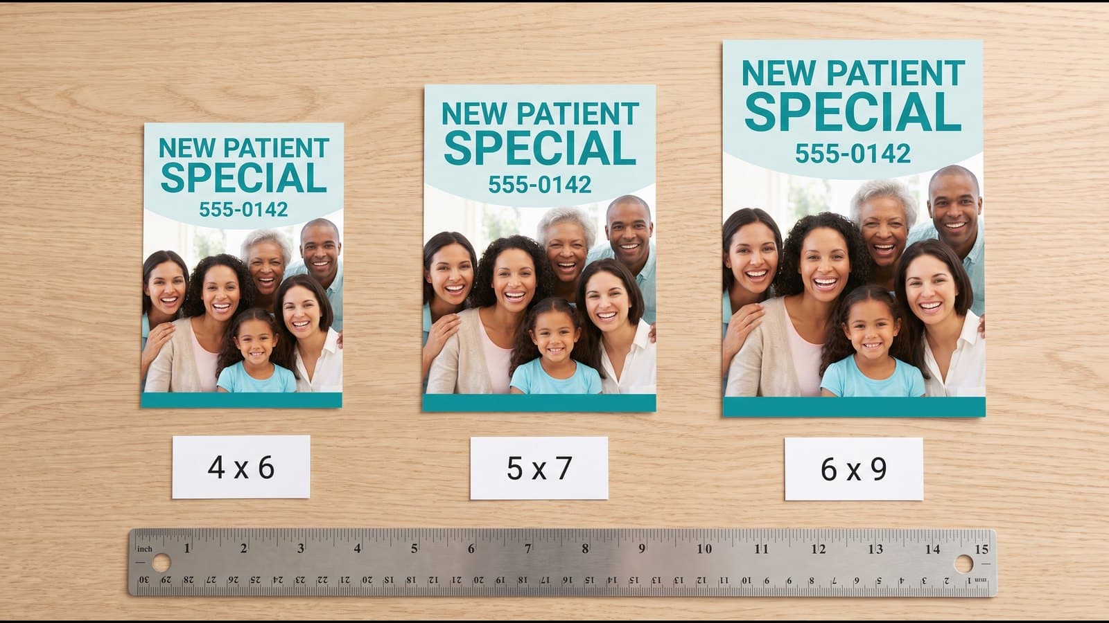 Overhead view of three full color Maple and Main Dental new patient postcards laid side by side on an oak desk at 4 x 6, 5 x 7 and 6 x 9 inches with a steel ruler along the bottom edge