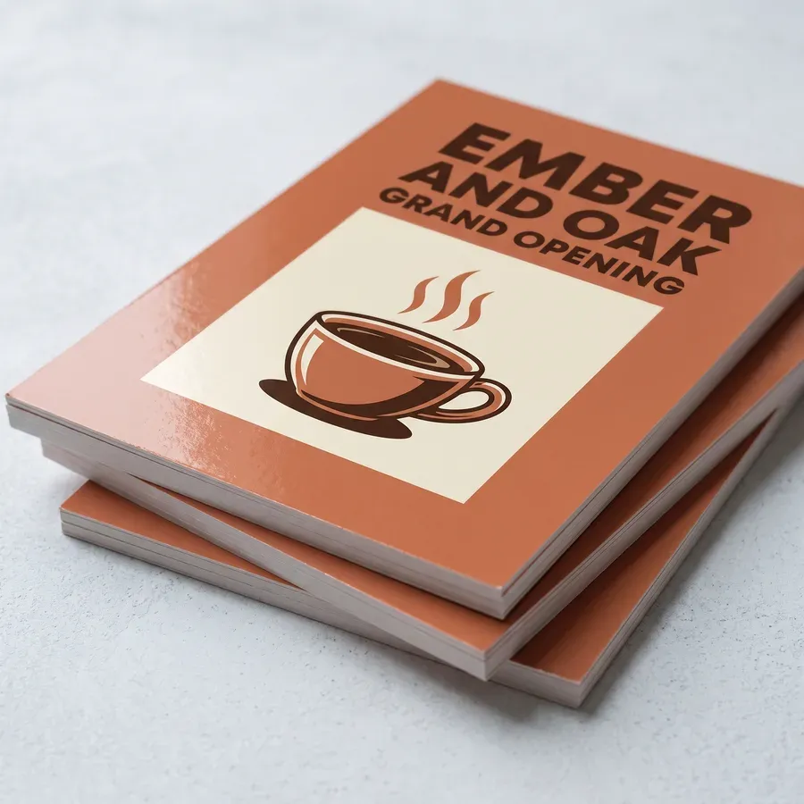 A full color 6 x 9 inch Ember and Oak grand opening postcard on thick glossy 16pt cardstock resting on two more cards