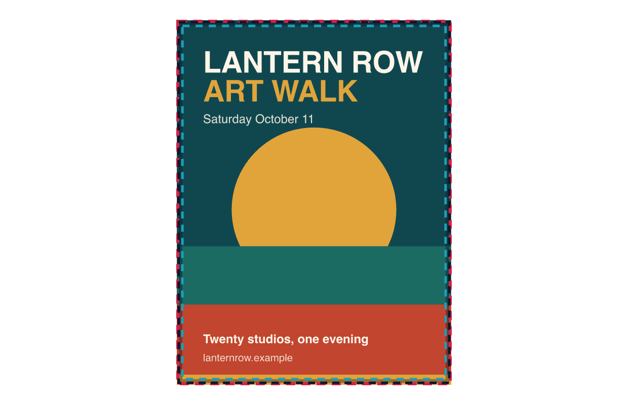 A sample full color 18 x 24 inch poster design for the fictional Lantern Row Art Walk with a dashed red bleed line, a dashed slate trim line and a dashed cyan safe zone drawn over it