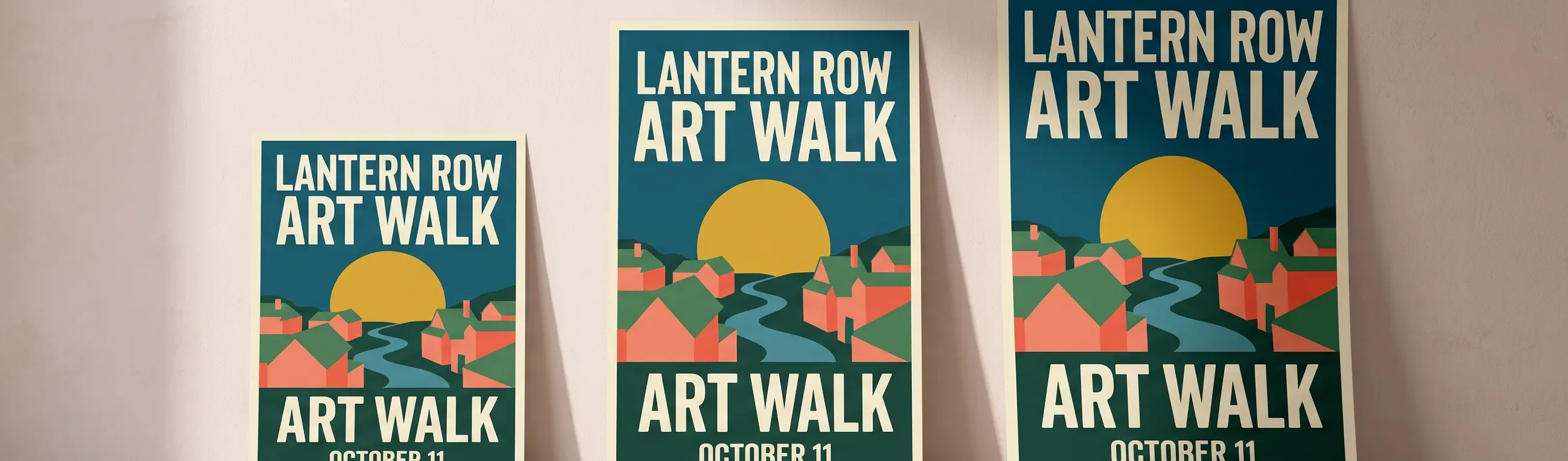 Three full color Lantern Row Art Walk posters in 18 x 24, 24 x 36 and 27 x 40 inches leaning side by side against a pale plaster wall on a concrete floor