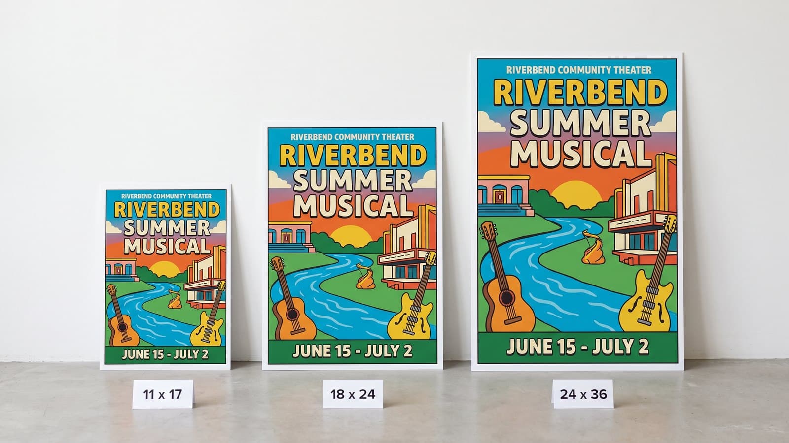 Three full color Riverbend Community Theater posters printed at 11 x 17, 18 x 24 and 24 x 36 inches leaning against a white studio wall with a printed size label in front of each