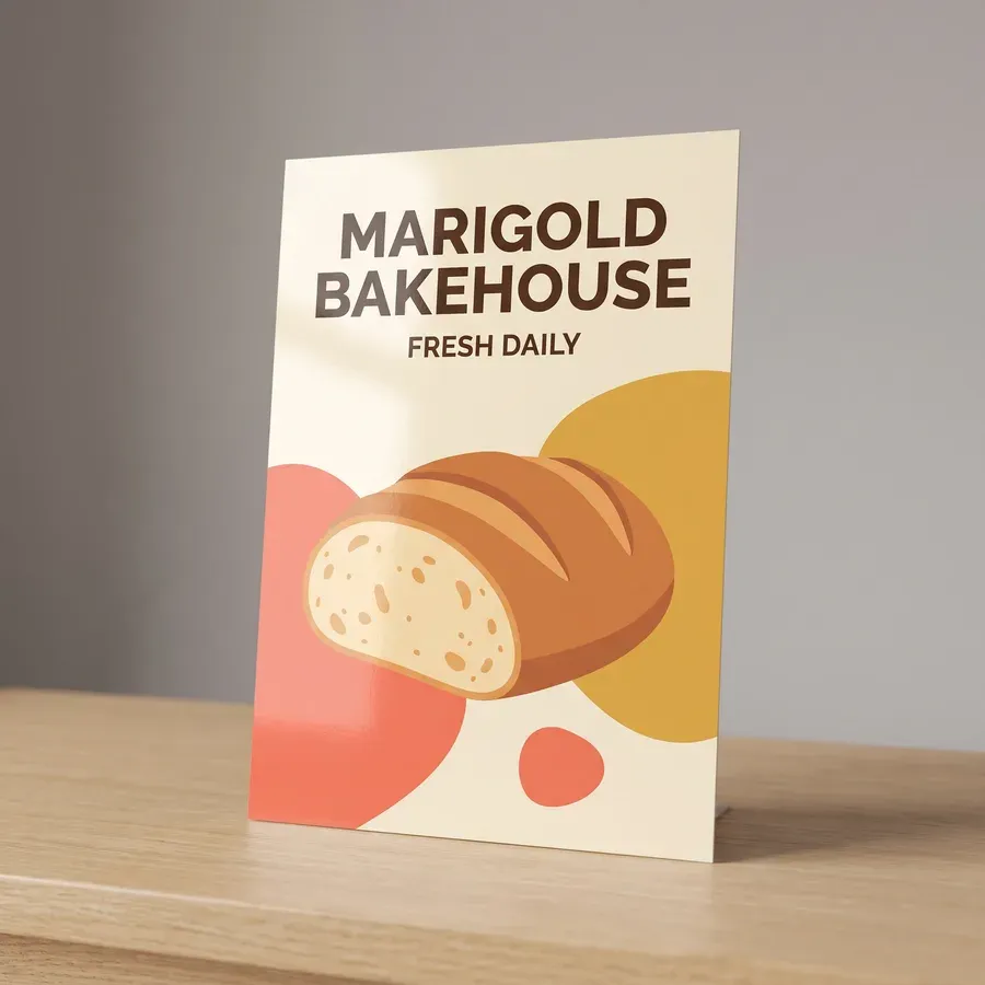 A full color 12 x 18 inch Marigold Bakehouse poster on glossy card stock propped on a light oak shop counter