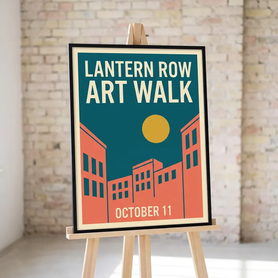 A full color 18 x 24 inch Lantern Row Art Walk poster in a black snap frame on a wooden easel in a bright gallery lobby