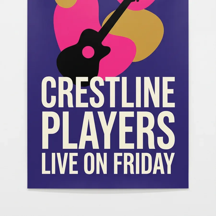 A full color 24 x 36 inch Crestline Players concert poster mounted flat on a white gallery wall