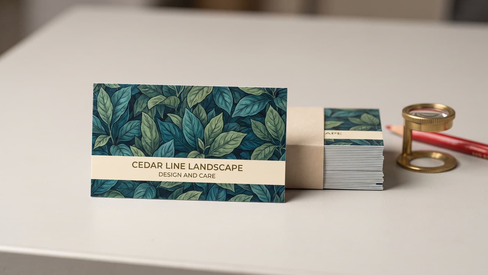 A full color business card for Cedar Line Landscape held beside a banded stack of the same cards on a press side table, with a loupe and a red pencil next to them