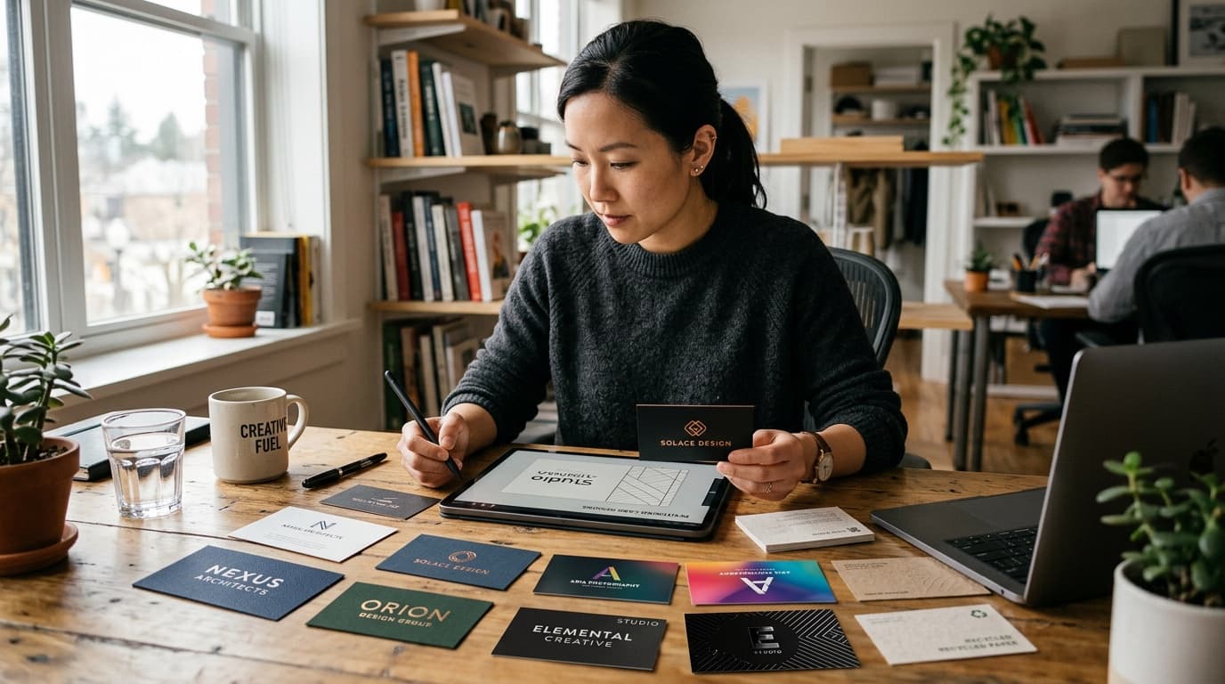 Designer reviewing business card mockups on a tablet alongside printed paper stock and finish samples