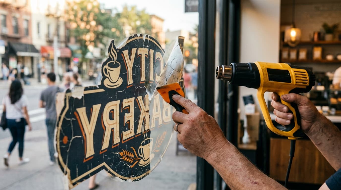 Hands peeling a vinyl decal off a glass storefront window using a plastic scraper and heat gun