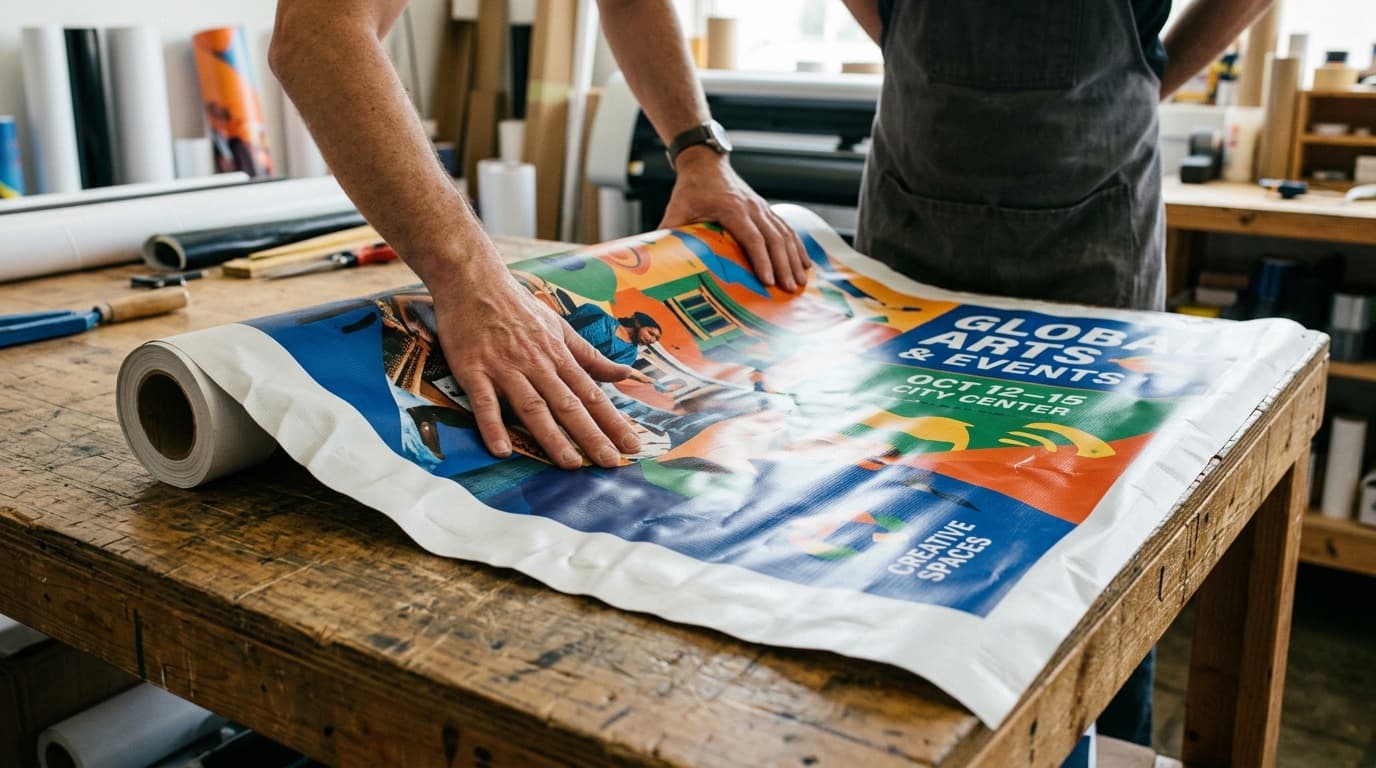 Hands smoothing out a rolled vinyl banner on a worktable to remove shipping wrinkles