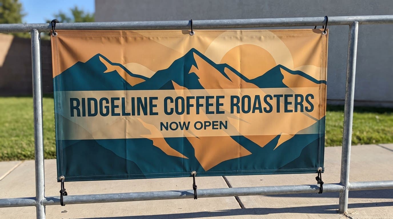 A full color vinyl banner tied through every grommet to a metal railing in full sun, the fold lines from shipping visibly relaxing across the face