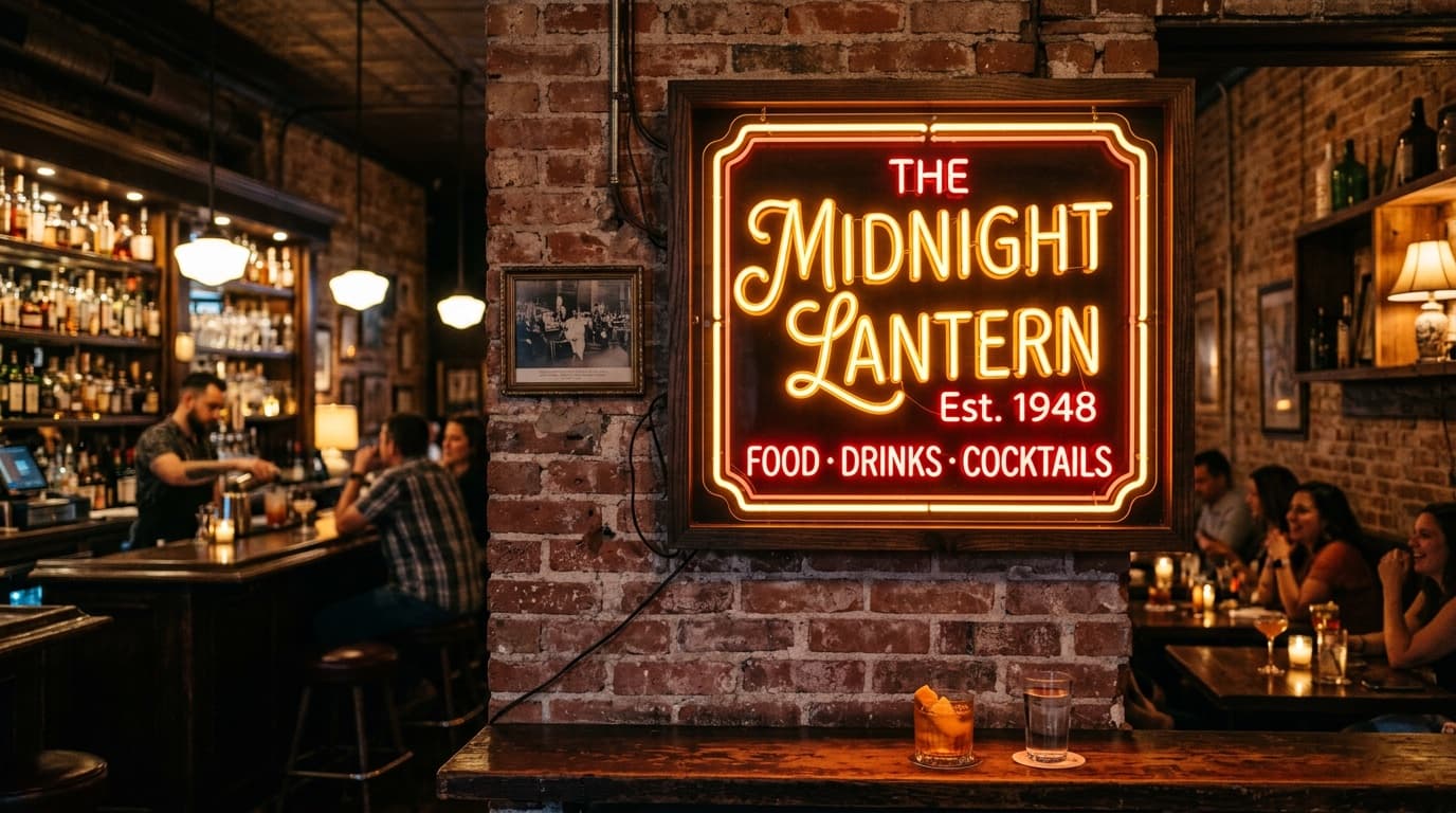 Retro-style amber and red glowing neon sign on an exposed brick wall in a stylish San Antonio bar interior