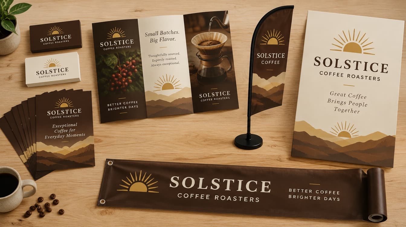 A coffee roaster's matching business cards, flyers, trifold, table flag, poster and grommeted banner