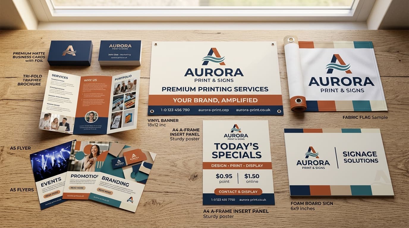 Overhead flatlay of printed marketing materials including banners, business cards, brochures, and signage samples